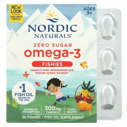 Nordic Naturals, Nordic Omega-3 Fishies, рыбки с омега-3, для детей от 2 лет, вкус тутти-фрутти, 300 мг, 36 рыбок фото