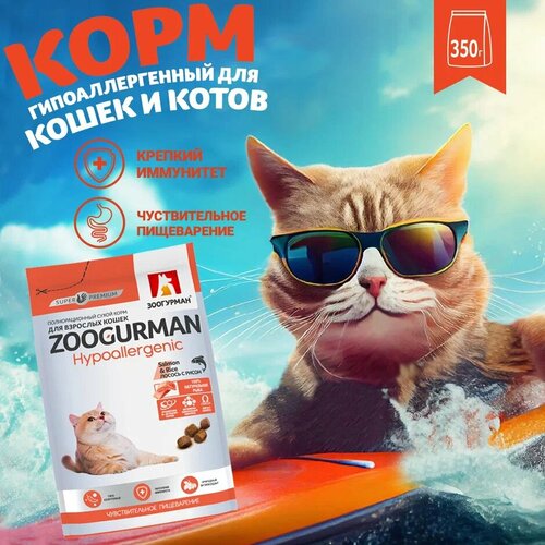 Полнорационный сухой корм для взрослых кошек Зоогурман Hypoallergenic, Лосось с рисом/Salmon & Rice 350 г фото