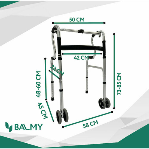 Ходунки BALMY 102 для пожилых людей с колесами, с двухуровневыми поручнями складные, двойные колёса фото