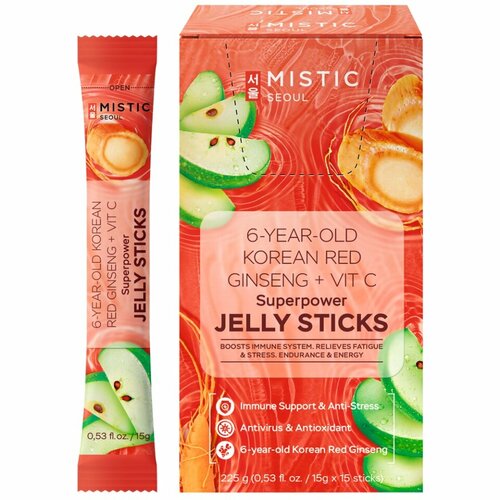 MISTIC 6-YEAR OLD KOREAN RED GINSENG+VIT C SUPERPOWER JELLY STICKS, 15pcs*15g/box суперпауэр желейные палочки С 6-ЛЕТНИМ корейским красным женьшенем фото