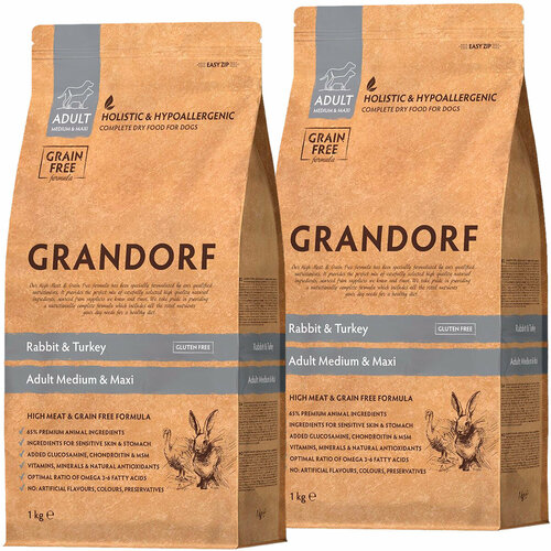 фотография GRANDORF GRAIN FREE DOG ADULT MEDIUM & MAXI RABBIT & TURKEY беззерновой для взрослых собак средних и крупных пород с кроликом и индейкой(1 + 1 кг), купить за 3535р