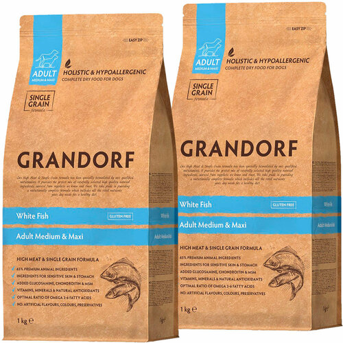 фотография GRANDORF SINGLE GRAIN DOG ADULT MEDIUM & MAXI WHITE FISH низкозерновой для взрослых собак средних и крупных пород с белой рыбой (1 + 1 кг), купить за 3232р