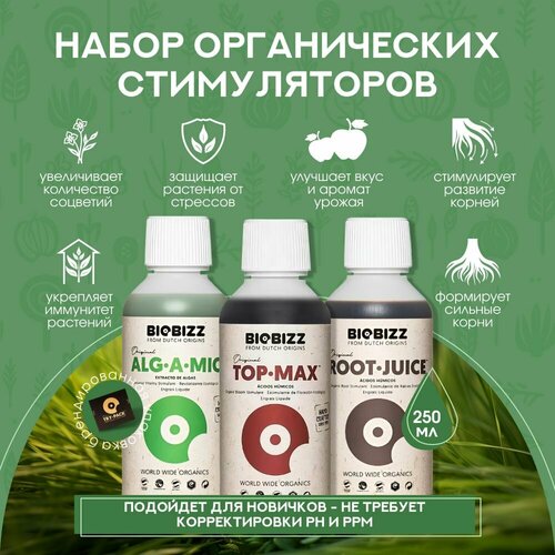 Набор органических удобрений на рост и цветение растений BioBizz Stimulant Рack (Root-Juice, Alg-a-Mic, Top-Max) 250 мл. фото