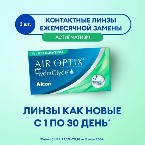 фотография Контактные линзы Alcon Air optix Plus HydraGlyde for Astigmatism., 3 шт., R 8,7, D -1, CYL: -0,75, AХ: 30, купить за 2150р