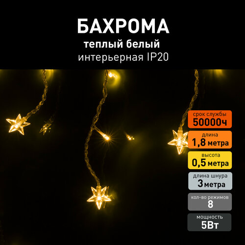 фотография Гирлянда бахрома Eurosvet 100-002 теплый белый свет, IP20, 1,8х0,5 метра, 8 режимов, купить за 411р