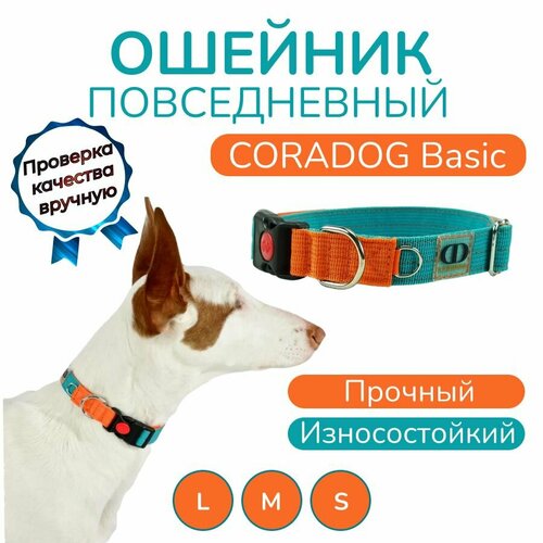 Ошейник повседневный, CORADOG Basic, для средних и крупных собак, бирюзовый оранжевый, размер L 42-65 см фото