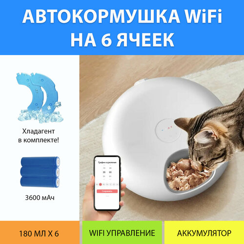 Автоматическая кормушка WiFi для влажного и сухого корма. Автокормушка секционная 6 ячеек на аккумуляторе, с хладагентом от MY PET`S GADGETS фото