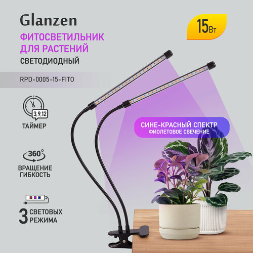 Glanzen фитосветильник RPD-0005-15-fito, 7 см, 1 л, черный фото