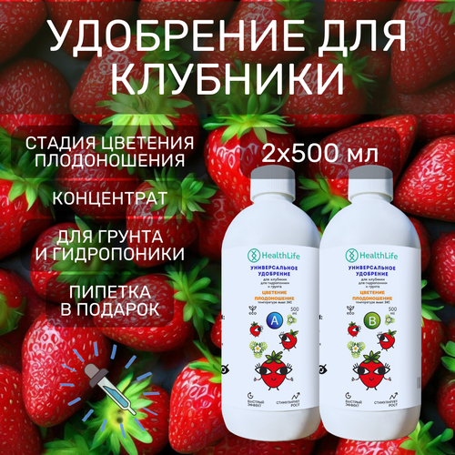 Комплекс HealthLife Удобрение для клубники А+В стадия Цветение Плодоношение(2 по 500 мл) концентрат для гидропоники и грунта увеличивает урожайность фото