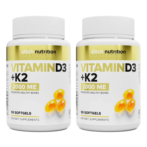 Набор 2 упаковки Витамин Д3 + К2 / VITAMIN D3+К2 2000 МЕ 250 мг aTech nutrition 90 + 90 капсул фото