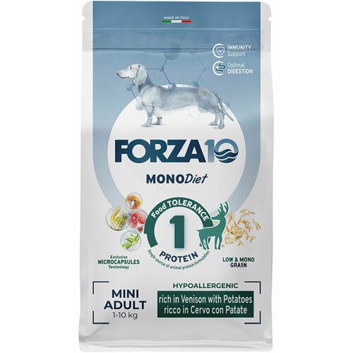 фотография Корм сухой FORZA10 DOG MINI DIET монобелковый для взрослых собак маленьких пород при аллергии с олениной и картофелем (1,5 кг), купить за 1858р