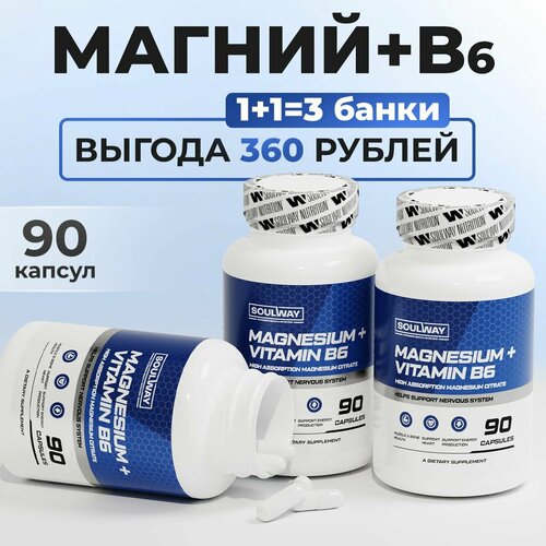 Магний цитрат с витамином B6 600 мг в порции / 3 банки / 270 капсул фото