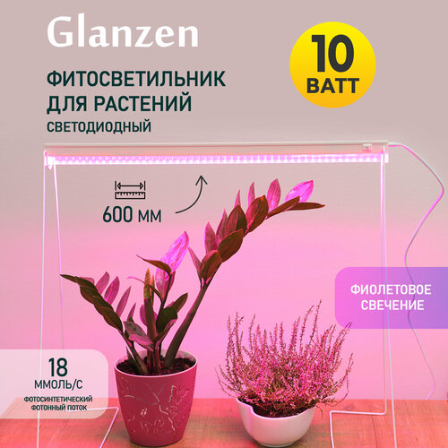 Светодиодный линейный фитосветильник / фитолампа для растений и рассады GLANZEN 10 Вт RPD-0600-10-fito 600 мм фото