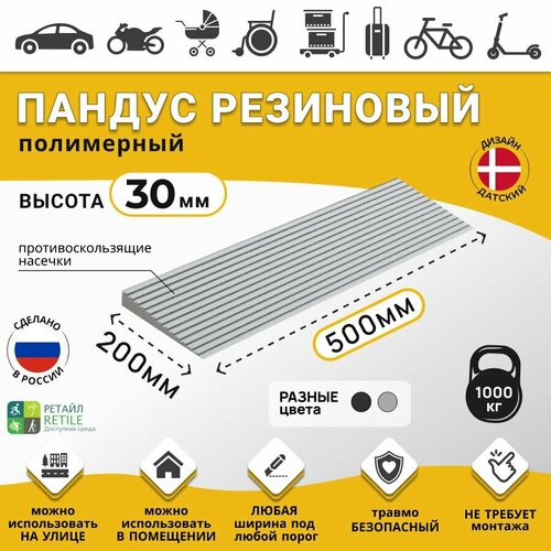 Пандус полимерный рубеж для порогов высотой 3 см (30х500х200 мм), серый, для колясок, склада и автомобилей фото