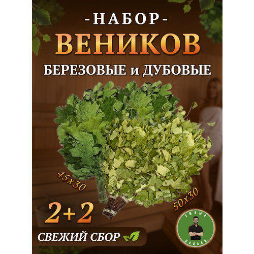 Набор банных веников, береза и дуб, 2+2 шт. фото