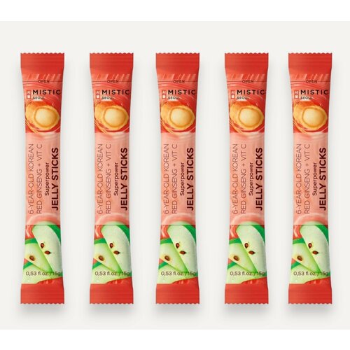 MISTIC 6-YEAR OLD KOREAN RED GINSENG+VIT C SUPERPOWER JELLY STICKS суперпауэр желейные палочки С 6-ЛЕТНИМ корейским красным женьшенем И витамином С со вкусом яблока 5шт*15г фото