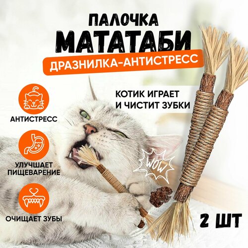 фотография Игрушка для кошек натуральная палка из дерева Мататаби, Для кота кошки и котят, жевательная игрушка для чистки зубов, 2 шт, купить за 416р