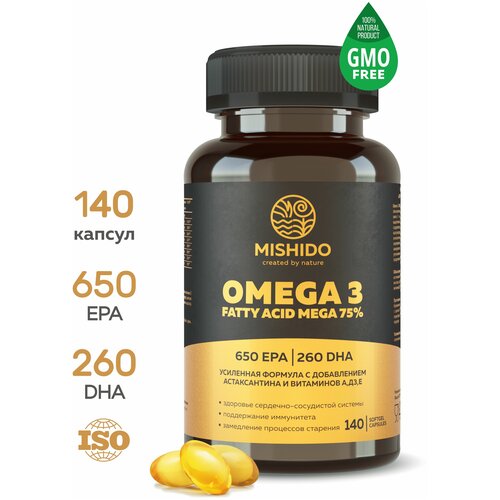 Омега 3 максимальной концентрации 75% + Витамины A E D3 Д3 140 капсул OMEGA 3 ULTRAMAX MISHIDO Рыбий жир омега3 комплекс для взрослых и детей фото