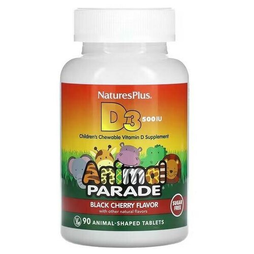 Nature’s Plus Source of Life, Animal Parade, витамин D3, без сахара, с натуральным вкусом черешни, 12,5 мкг (500 МЕ) 90 жевательные таблетки фото