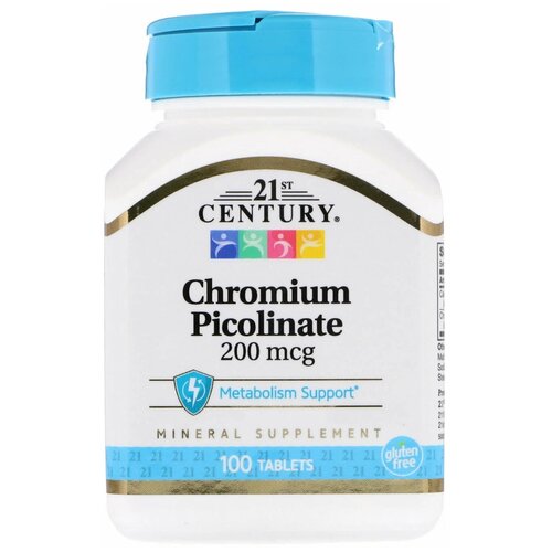 фотография Таблетки 21st Century Chromium Picolinate 200 мкг, 80 г, 200 мкг, 100 шт., купить за 877р