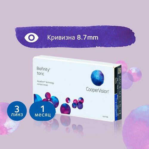 Контактные линзы CooperVision Biofinity Toric., 3 шт., R 8,7, D -1,5, CYL: -2,25, AХ: 140, прозрачный, 1 уп. фото