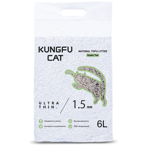 фотография Kungfu Cat Green Tea Наполнитель комкующийся для кошачьего туалета Зеленый чай 6л, купить за 950р