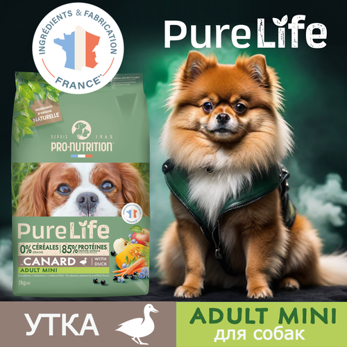 фотография Сухой корм для собак мелких пород, Pro-Nutrition Flatazor Pure Life Adult Mini с уткой (2 кг), беззерновой, гипоаллергенный, Франция, купить за 1800р