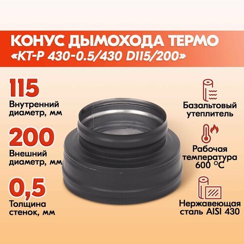 Конус дымохода термо КТ-Р 430-0.5/430 D115/200 Черный (RAL 9005) фото