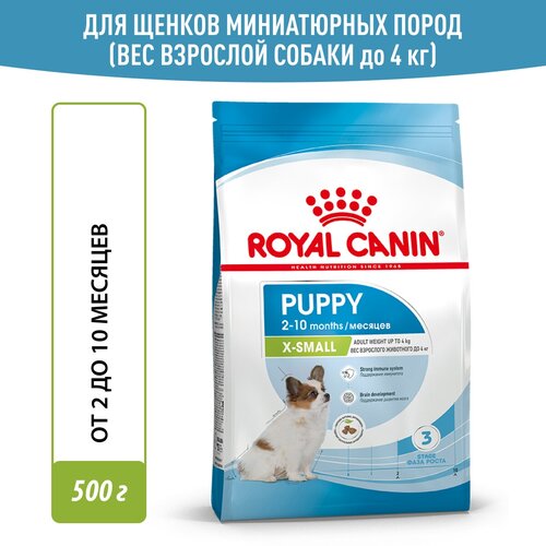 фотография Сухой корм Royal Canin X-Small Puppy (Икс Смолл Паппи) для щенков миниатюрных пород (вес взрослой собаки до 4 кг) до 10 месяцев, 0.5 кг, купить за 438р