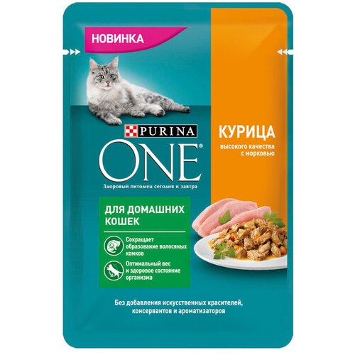 Влажный корм для кошек Purina ONE для живущих в помещении, с курицей, с морковью 20 шт. х 75 г (кусочки в соусе) фото