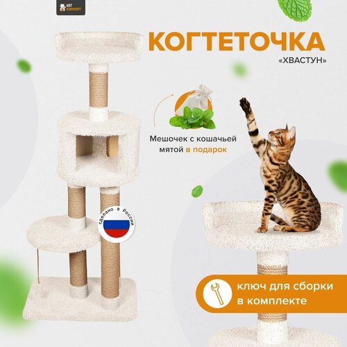 Комплекс для кошек с домиком и игрушкой, когтеточка с лежанкой высокая 