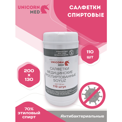 Спиртовые салфетки 200х130мм 110шт антисептические антибактериальные UnicornMed дезинфицирующие фото