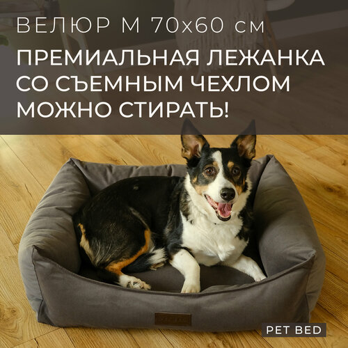 фотография Лежанка для собак средних пород со съемным чехлом PET BED Велюр, размер M 70х60 см, темно-серая, купить за 6118р