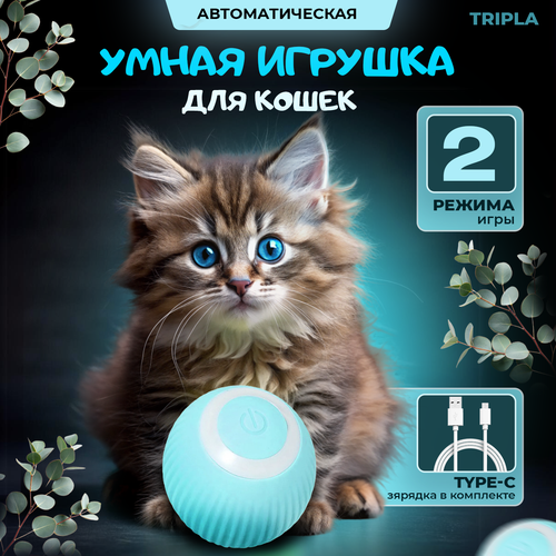 Игрушка для кошек, интерактивный мяч, дразнилка для котов, 2 режима, зарядка USB в комплекте (голубой цвет) фото