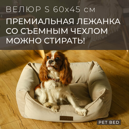 Лежанка для собак мелких пород со съемным чехлом PET BED Велюр, размер S 60х45 см, бежевая фото