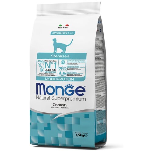 Сухой корм для стерилизованных кошек Monge Monoprotein, , с треской 1500 г фото