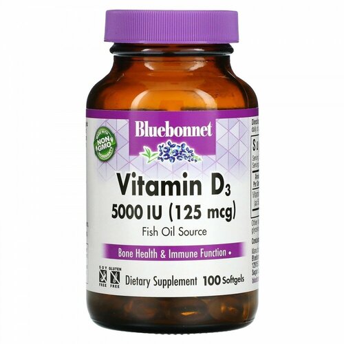 фотография Bluebonnet Nutrition, Vitamin D3, 125 mcg (5,000 IU), 100 Softgels, купить за 2899р