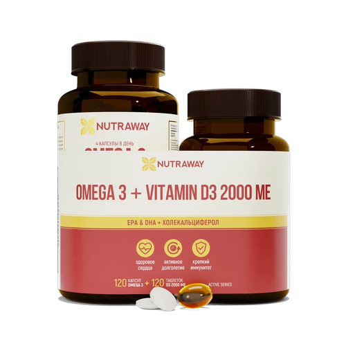 Набор Омега 3 (OMEGA 3) 1350 мг 120 капсул + Vitamin D3 (Витамин Д3) 2000ME 120 таблеток Nutraway фото