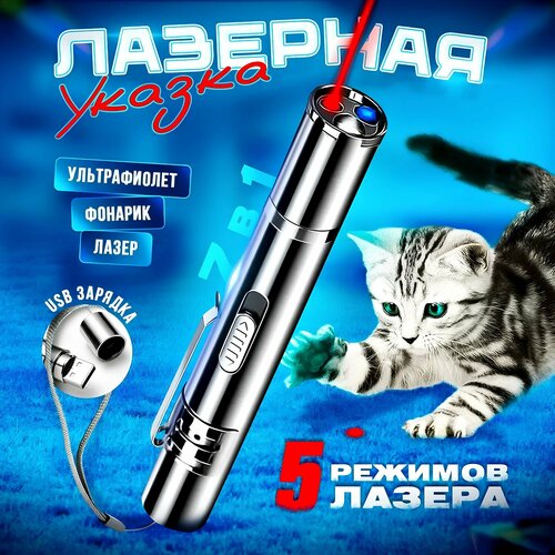 Лазерная указка SimpleShop 7 в 1 для кошек и собак, Лазер, УФ, Фонарик, с USB зарядкой. фото