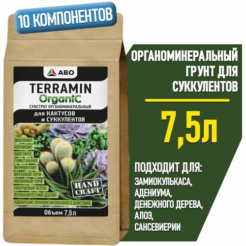 Грунт для суккулентов и кактусов TERRAMIN ORGANIC, земля для Декабриста, адениума и денежного дерева, алоэ и сансевиерии, толстянки и калатеи, каланхоэ и литопсов, 7.5 л. фото