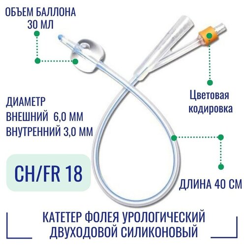 фотография Катетер урологический Фолея Alba [двухходовой, силиконовый] размер 18 Fr, 40 см, баллон 30 мл, купить за 382р