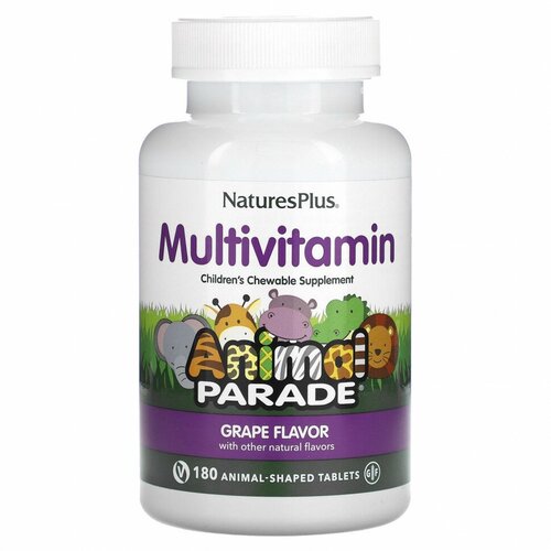 NaturesPlus, Source of Life, Animal Parade, жевательные мультивитамины для детей, со вкусом винограда, 180 таблеток в форме животных фото