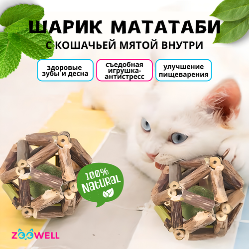 Игрушка для кошек ZooWell шар из палочек Мататаби Actinidia polygama для чистки зубов с кошачьей мятой 6см фото