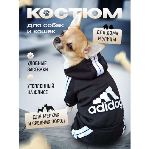 Комбинезон Adidog для собак и кошек, демисезонный, размер XL, черный, унисекс, с капюшоном фото