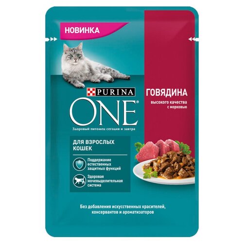 корм для кошек Purina ONE говядина, с морковью 6 шт. х 75 г (кусочки в соусе) фото