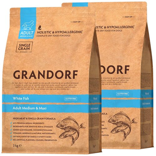 фотография GRANDORF SINGLE GRAIN DOG ADULT MEDIUM & MAXI WHITE FISH низкозерновой для взрослых собак средних и крупных пород с белой рыбой (3 + 3 кг), купить за 7778р