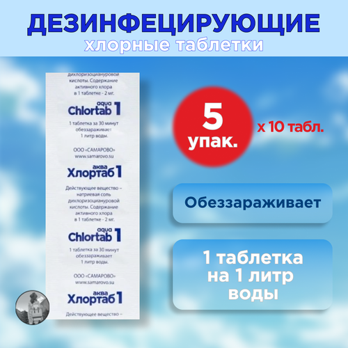 Таблетки для дезинфекции воды Хлортаб аква 1 (1 табл. на 1 л. воды), 50 шт. (10 шт. - 5 упаковок) фото