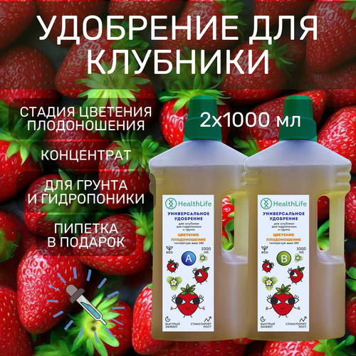 Комплекс HealthLife Удобрение для клубники А+В стадия Цветение Плодоношение(2 по 1000 мл) концентрат для гидропоники и грунта увеличивает урожайность фото