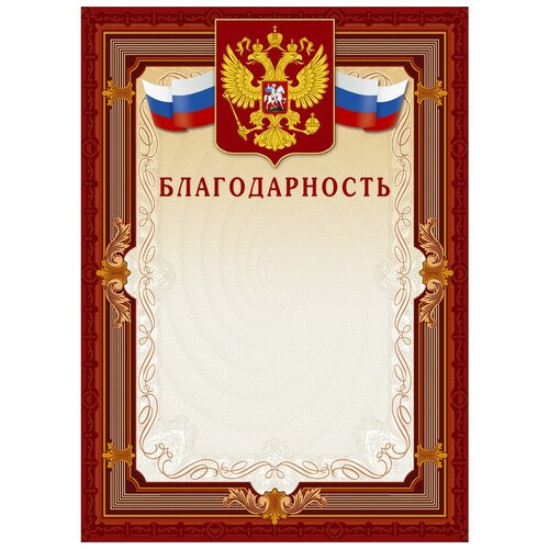 Благодарность Комус А4 230 г/кв. м 10 штук в упаковке (коричневая рамка, герб, триколор, А4-41/Б) фото