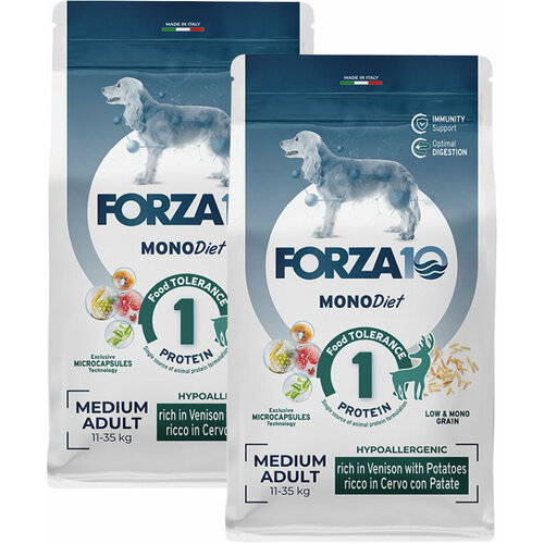 фотография FORZA10 DOG MEDIUM MONODIET монобелковый для взрослых собак средних пород при аллергии с олениной и картофелем (12 + 12 кг), купить за 19718р